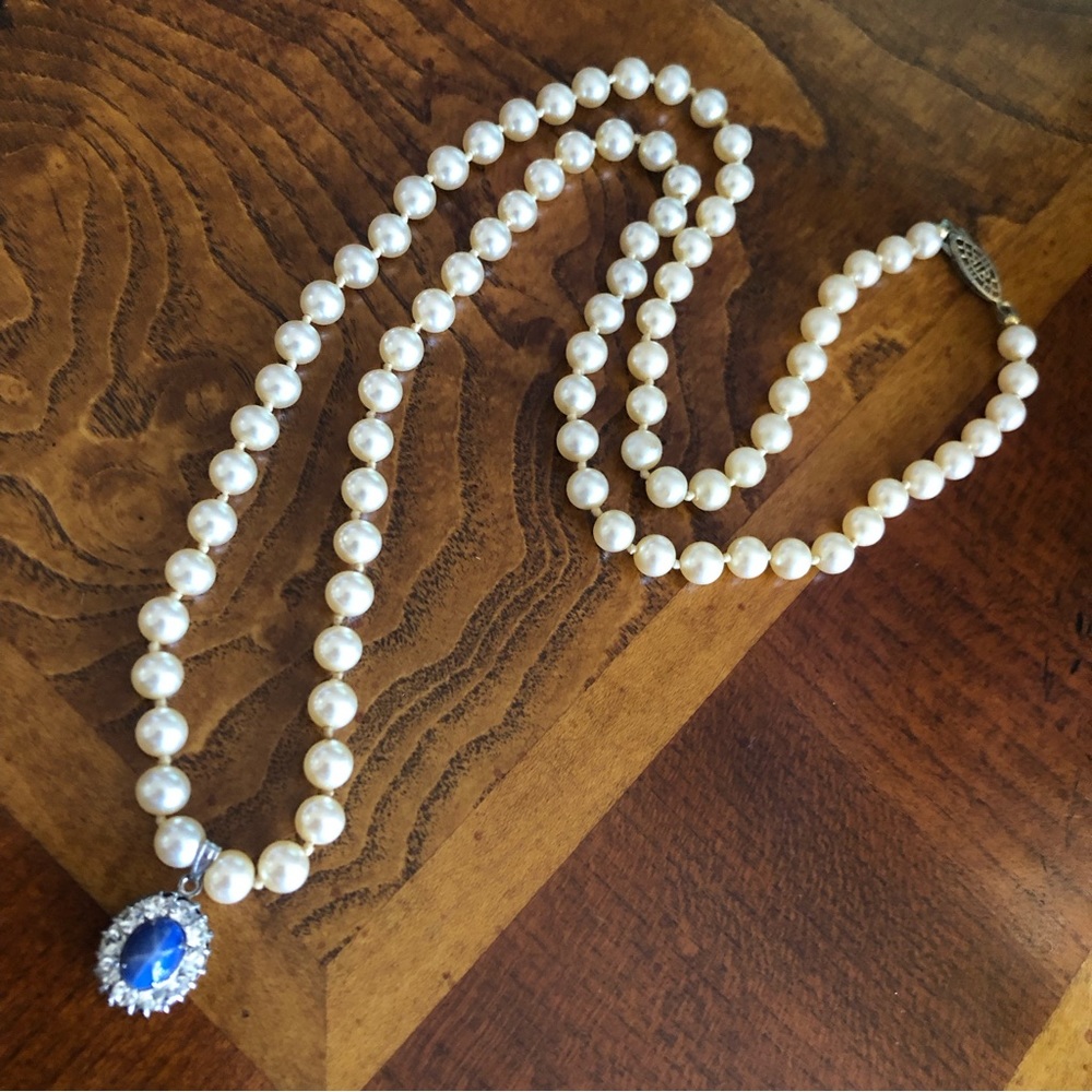 Vintage Germany hand knotted glass Pearl star sapphire pendant necklace - Picture 13 of 14
